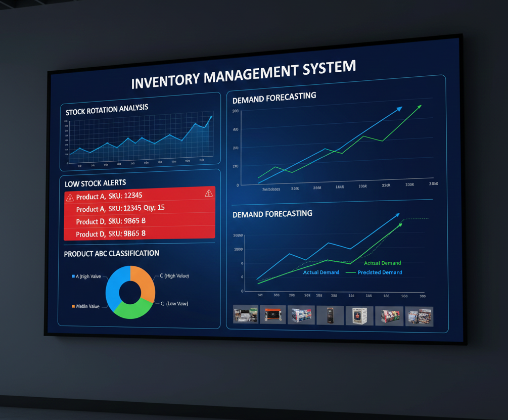 Dashboard de control de inventario en pantalla grande mostrando gráficos de rotación, alertas de stock bajo en rojo, matriz de clasificación ABC de productos, previsión de demanda con líneas de tendencia