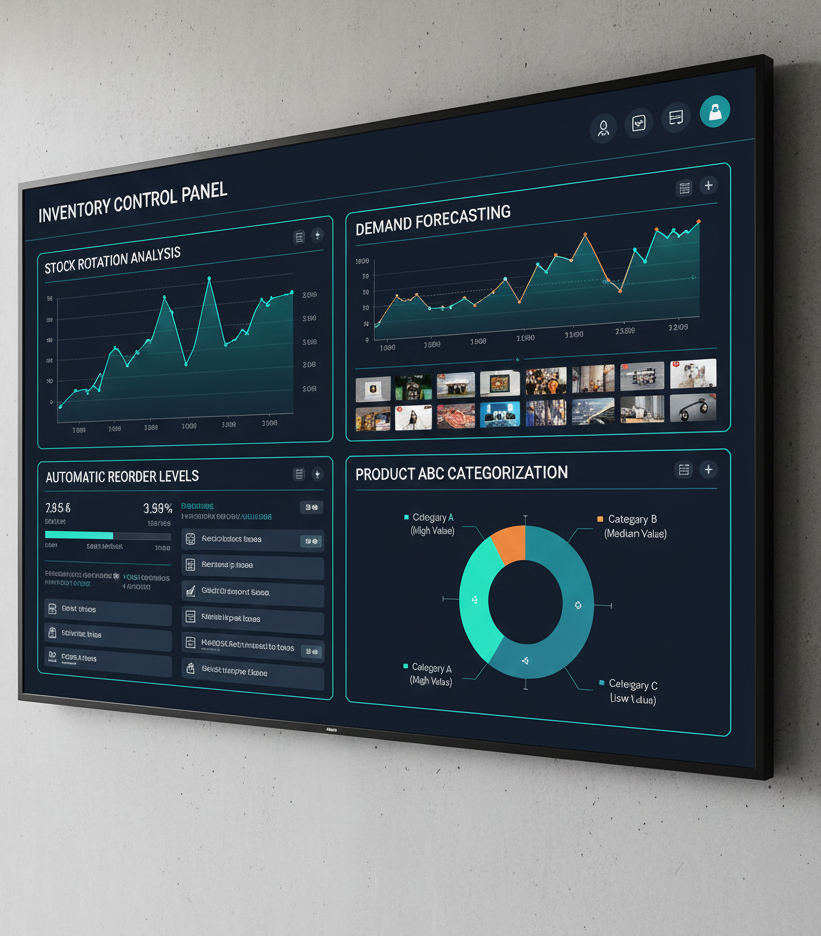 Panel de control de inventario con gráficos de rotación de stock, niveles de reorden automáticos, previsión de demanda, y categorización ABC de productos