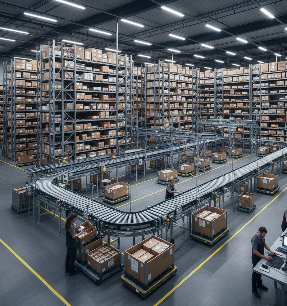 Centro de distribución con estanterías de altura automática, sistema de bandas transportadoras, carritos de carga organizados, zona de preparación de pedidos con código de barras